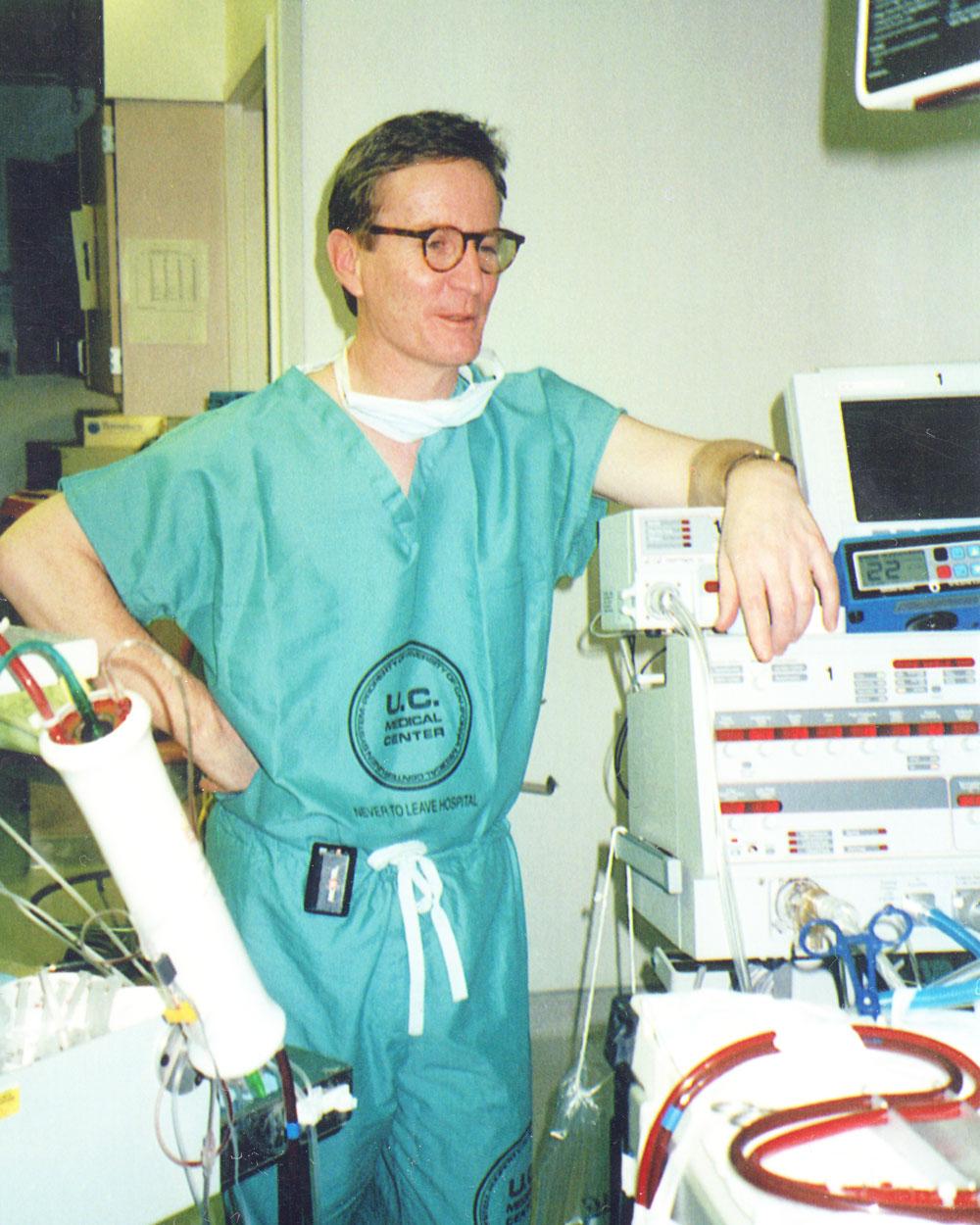 Sam Hawgood working in the intensive care nursery in 1997. He started his career at UCSF in 1984 as a fellow in neonatology.