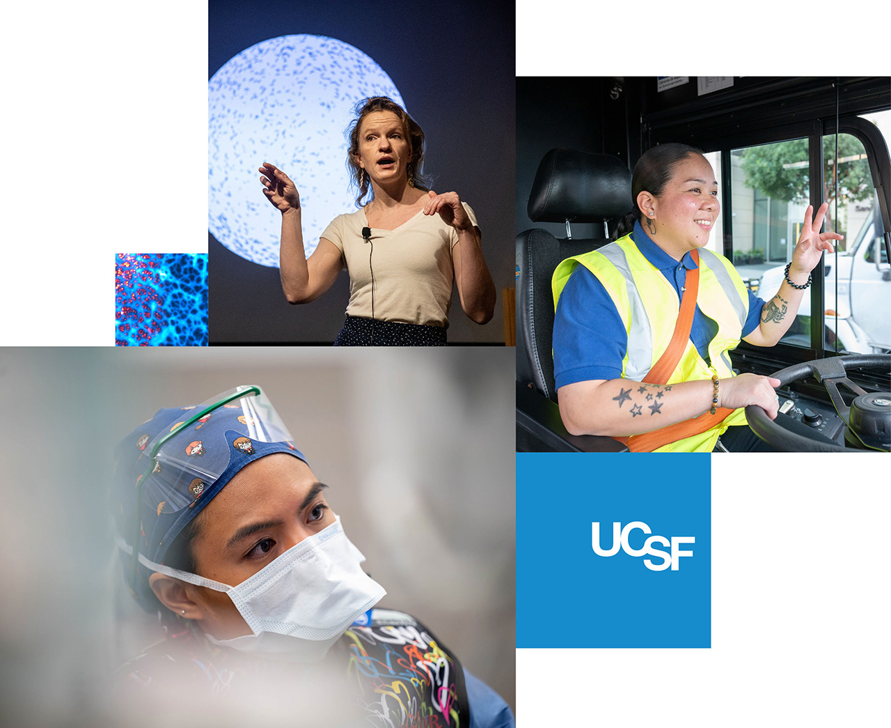 A collage of a postdoc presenting their work, a driver operating a shuttle, and an anesthetist wearing protective gear