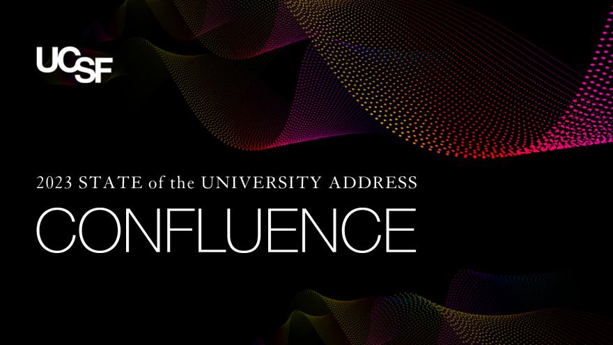 A wave-like pattern of small colorful dots behind the words State of the University Address: Confluence